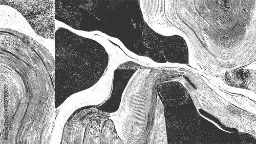 Abstract monochrome textured pattern with curved lines and grainy areas