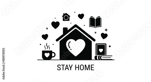 A cozy home illustration with hearts and books promoting staying home silhouette