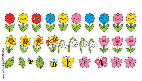 A collection of cute cartoon spring flowers, including tulips, daffodils, snowdrops, and cherry blossoms, along with bees and butterflies.
