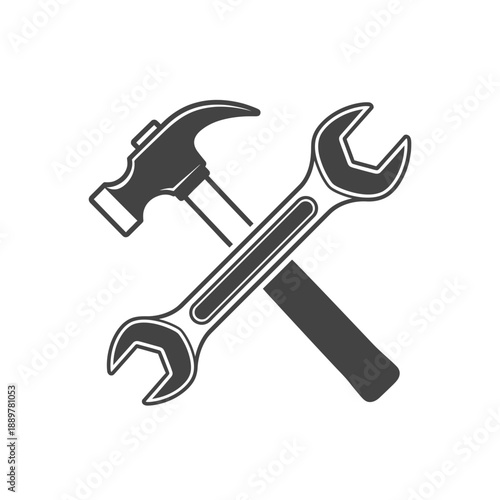 Wrench and hammer tools crossed over.