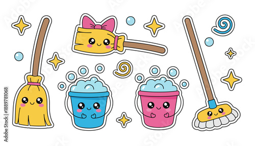 Kawaii cleaning supplies including brooms, mops, and buckets with bubbly soap, surrounded by sparkles and swirls.
