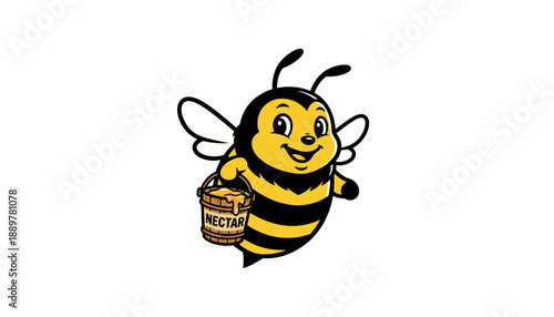 A cute cartoon bee character holding a bucket of nectar with a happy expression.