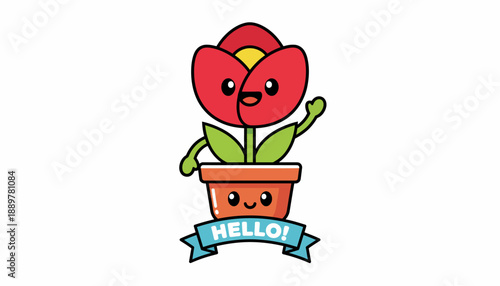 A cute cartoon red tulip in a pot with a "Hello!" banner waving.