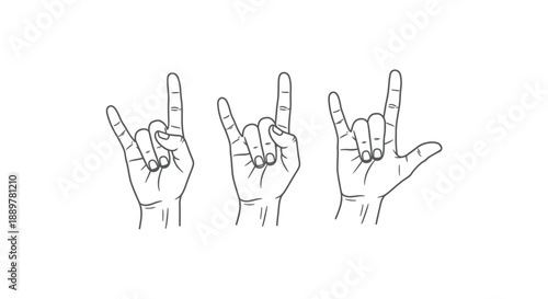 Three hands displaying the rock on sign in black outline silhouette