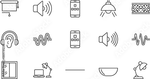 Minimal line icon set of audio devices smart home lighting workspace and interface symbols for web design