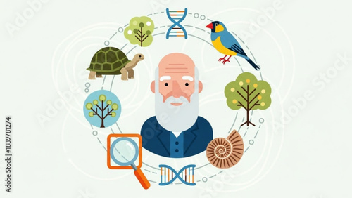 Illustration of a senior man surrounded by nature and science symbols representing evolution and ecology