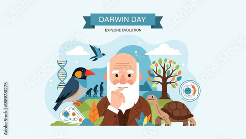 Charles darwin day evolution concept illustration with animals and dna