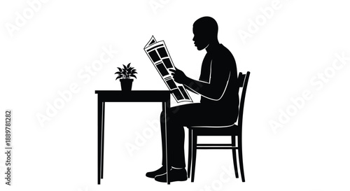 A man reading a newspaper at a table depicted in black silhouette