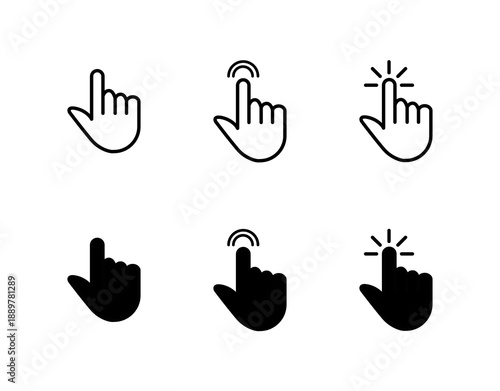 Computer hand cursor click icon vector outline and black fill symbol or illustration

