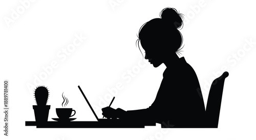 Woman working on laptop with coffee a distinct black silhouette