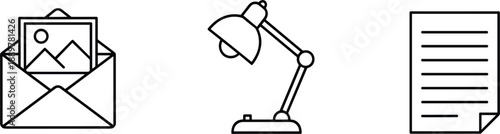 Minimal line icon set of email message desk lamp and document symbols for web interface design