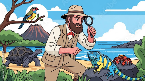 Cartoon explorer with magnifying glass examines wildlife on tropical beach with volcano