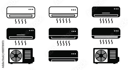 Six air conditioning unit designs in a black graphic silhouette