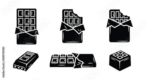 Various chocolate bar shapes and broken pieces in a dark silhouette