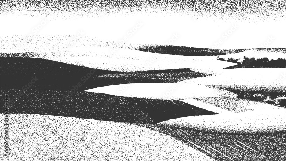 Obraz premium Monochromatic stippled landscape with rolling hills and distant trees monochrome black