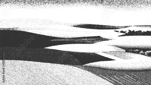 Monochromatic stippled landscape with rolling hills and distant trees monochrome black