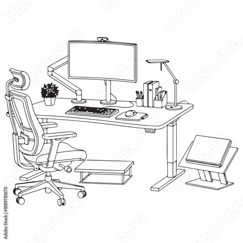 Black and White Line Drawing of Modern Office Workspace