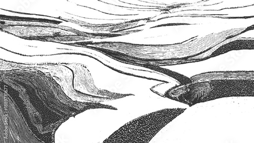 Black and white abstract landscape with rolling hills and textured patterns