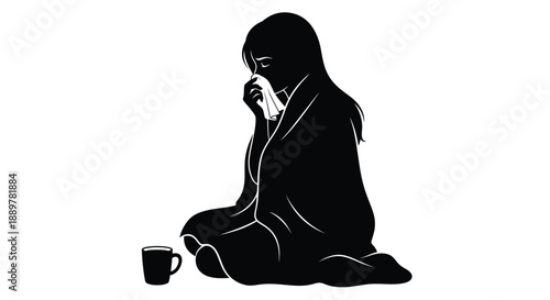 A woman sits unwell holding a tissue and mug silhouette