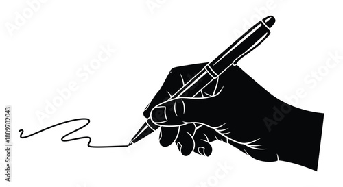 A hand holding a pen and writing a signature silhouette