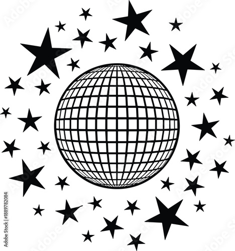 Disco ball surrounded by stars black and white vector illustration retro party music dance background design abstract celebration nightlife
