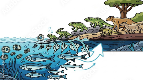 Ecosystem balance illustration lion dinosaurs fish and aquatic life in harmony