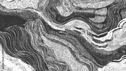 Abstract black and white swirling lines and textures resembling topographical map contours or flowing water