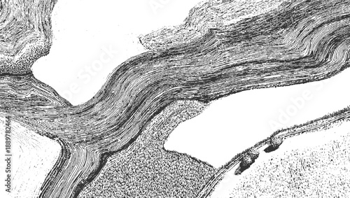 Black and white textured landscape with rolling hills and dense foliage