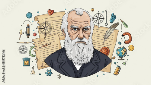 Illustration of an older man with white hair and beard surrounded by scientific symbols and papers