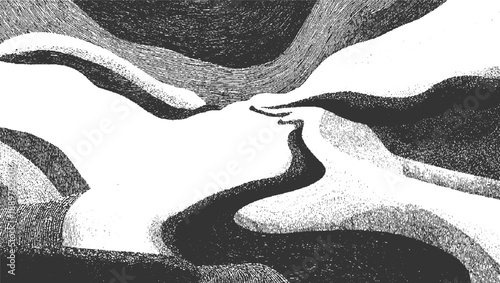 Abstract monochrome swirling forms with textured lines and stippling black white grey