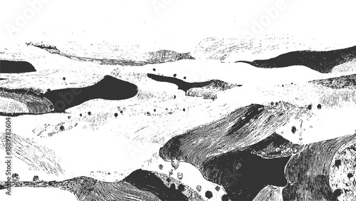 Black and white textured landscape with rolling hills and dark shadows