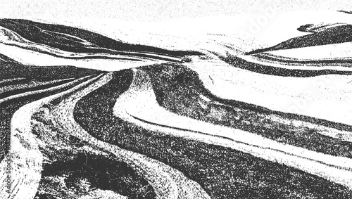 Abstract monochrome textured landscape with rolling hills and textured sky 1