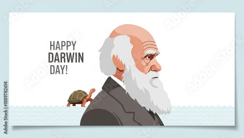 Charles darwin portrait with turtle happy darwin day celebration illustration