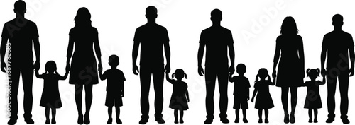 Family silhouettes holding hands collection, parents and children standing together, happy parenting concept, black isolated human figures