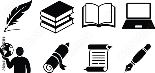 Black and white of writing and education tools feather