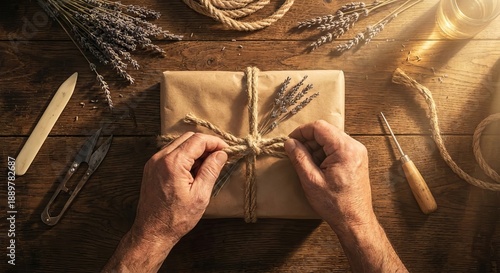 Hands carefully tie a rustic parcel with twine and lavender sprigs on a weathered wooden surface in soft, natural light.