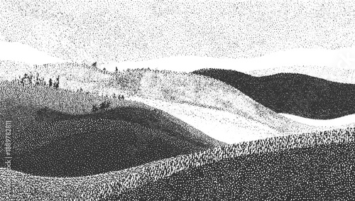 Stippled black and white rolling hills landscape with sparse trees and textured foreground dotwork monochrome