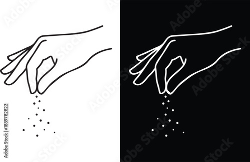 A hand sprinkling seasoning, depicted in both black and white minimalist line art styles