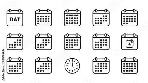 Minimalist calendar and time icons in a clean 3-row grid layout.
