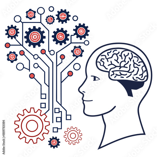 Artificial intelligence and human brain concept with circuitry and gears