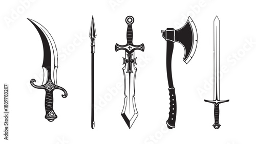 Medieval Weapons Set with Swords, Axe, and Dagger in Flat Design Vector Illustration