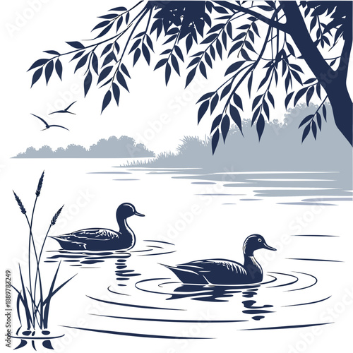 Ducks swimming in a serene pond