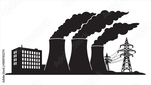 Industrial Pollution and Factory Emissions with Power Plant Vector Illustration Flat Design