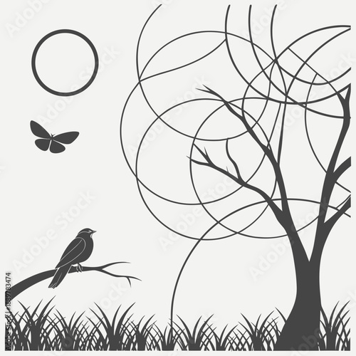 Bird perched on branch under moonlit sky