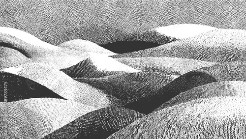 Black and white stippled landscape of rolling hills and textured sky
