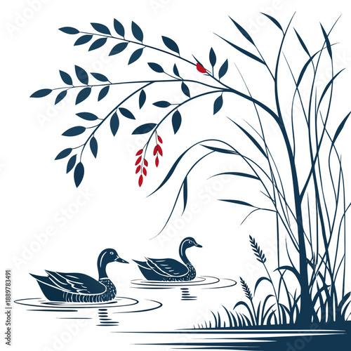 Ducks swimming in serene pond
