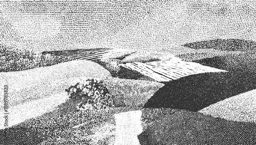 Black and white stippled landscape with rolling hills and textured fields
