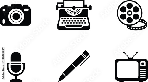Black and white of camera, typewriter, reel, microphone, pencil, and television