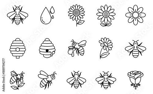 Hand drawn line art icons set featuring bees, beehives, flowers, and honey droplets for nature and organic themes