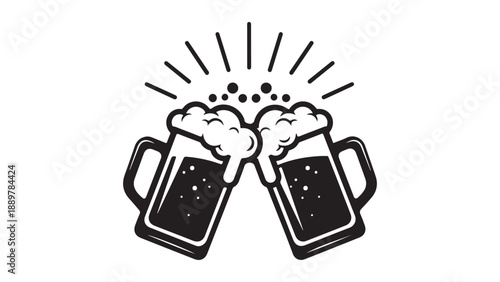 Cheerful Clinking Beer Mugs Celebration Vector Illustration with Bubbles and Sparkles Flat Design